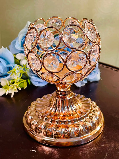 Gold Crystal Tealight Candle Holder – Decorative Metal Votive Candle Stand (5 Inch)