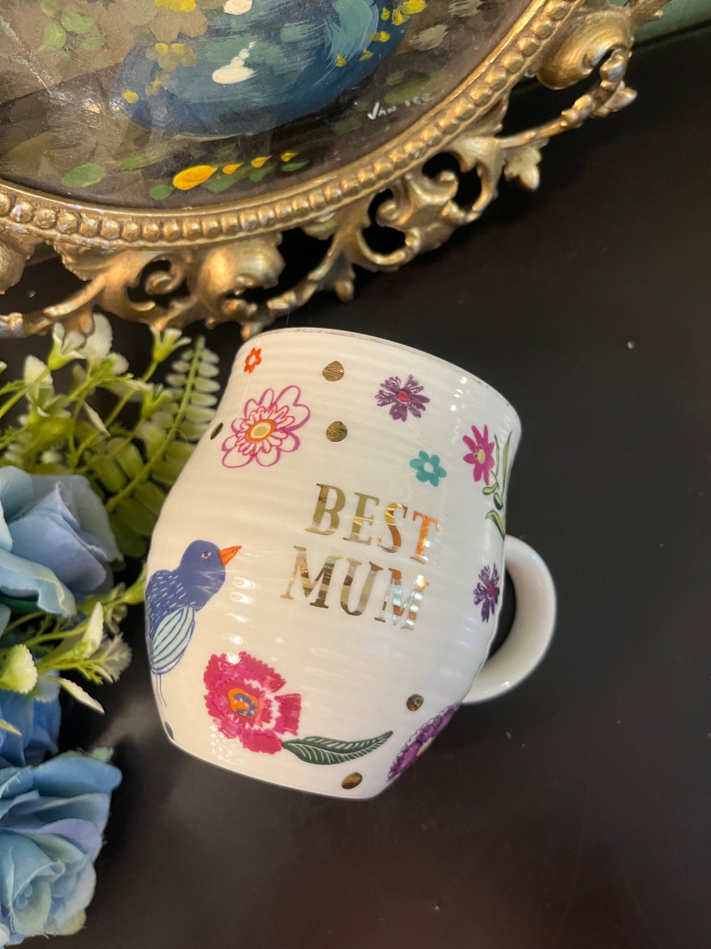 Best Mum Floral Bird Ceramic Mug with Gold Accents