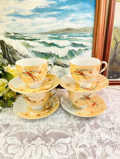 Vintage Hand Painted Bird Teacup & Saucer Set of 4