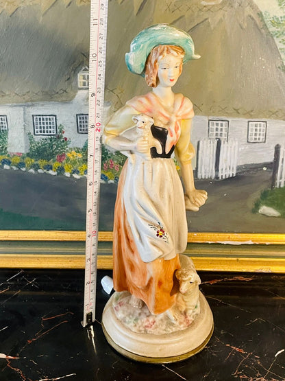 Vintage Porcelain Shepherdess Figurine with Lamb – Hand Painted