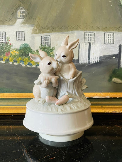 Vintage Arnart Easter Bunny Music Box – Hand-Painted Ceramic Bunny Figurine with Original Box