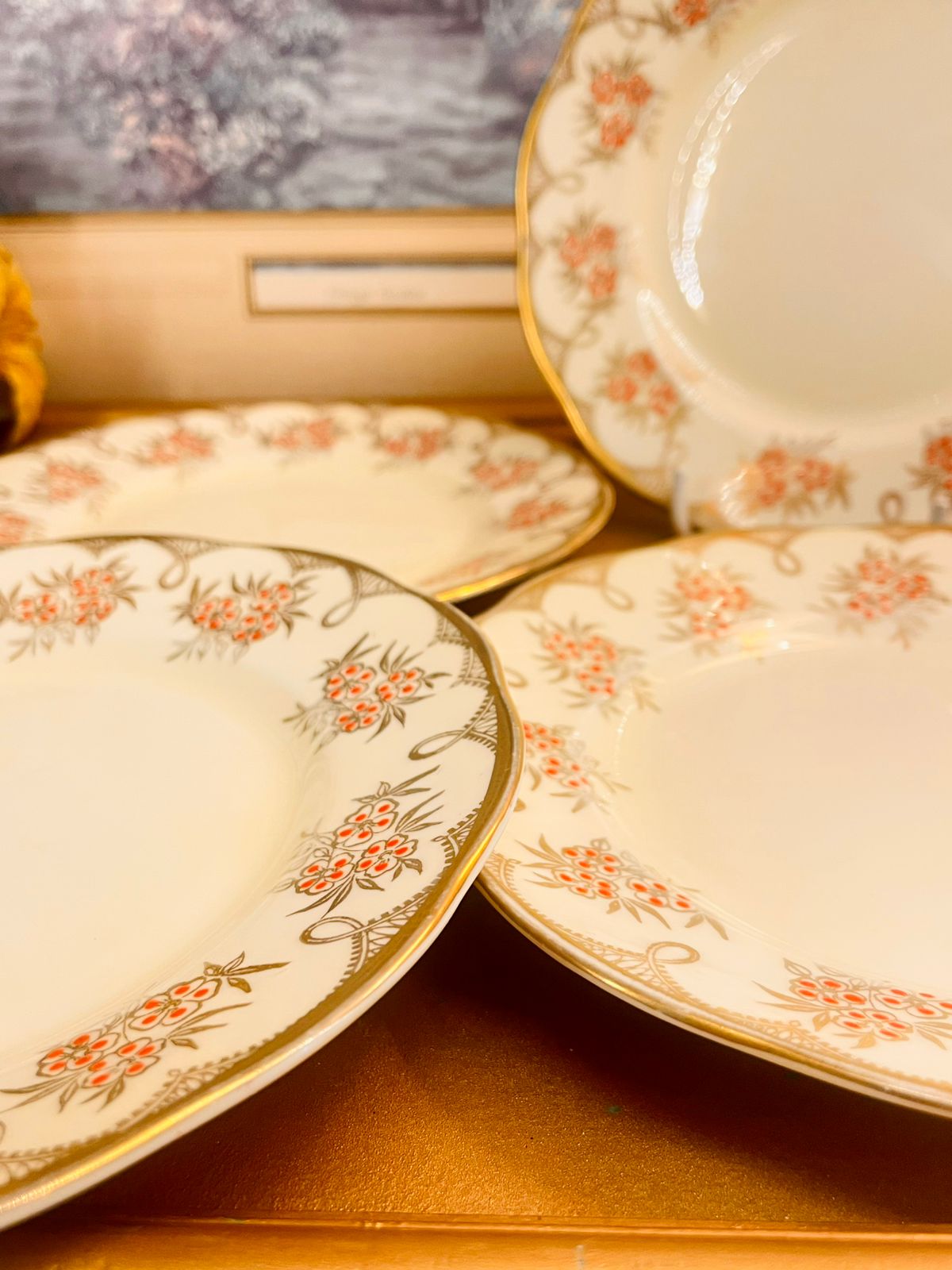 Vintage Floral Plate Set with Gold Rim Set of 4 - Plates