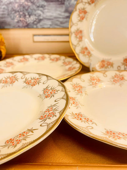 Vintage Floral Plate Set with Gold Rim Set of 4 - Plates