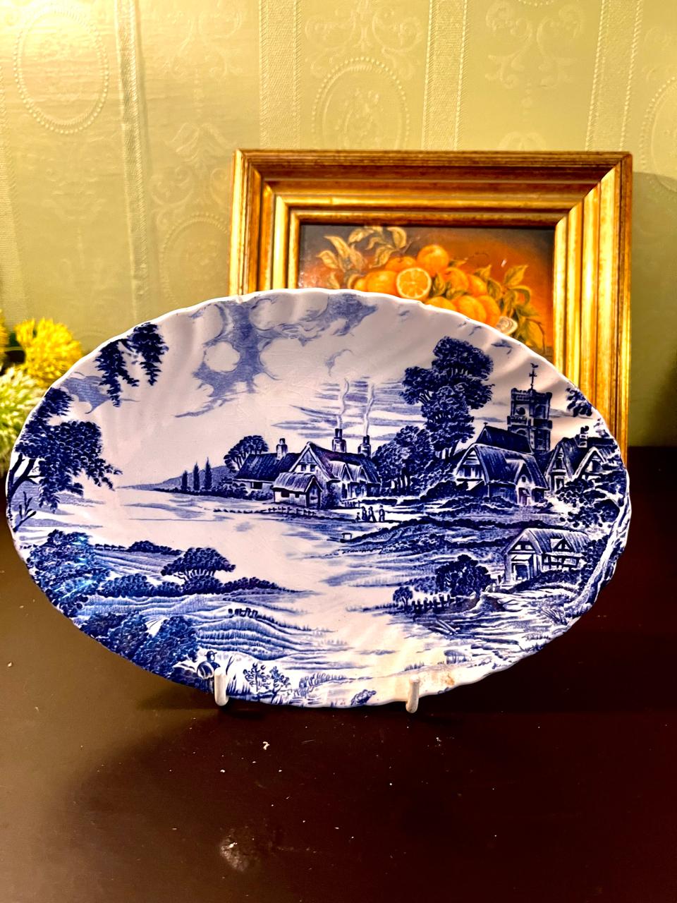Vintage Blue & White English Countryside Oval Serving Platter – 8 Inch