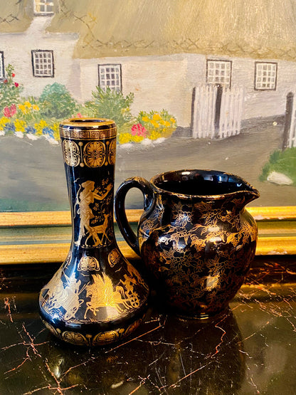 Set of 2 Greek Ceramotechnica Art Pieces – 24kt Black & Gold Jug and Vase Set (6–7 Inches Tall)