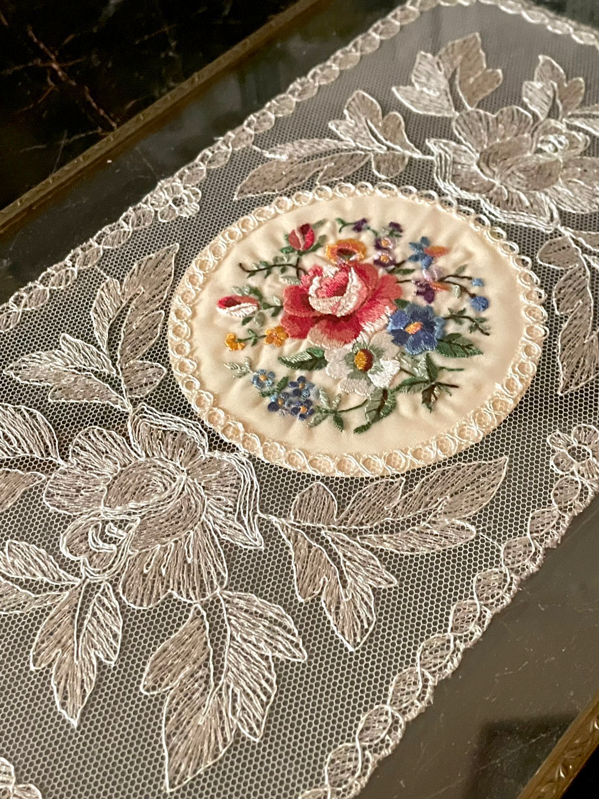 Vintage Glass Tray with Embroidered Lace & Floral Center – Brass Handles