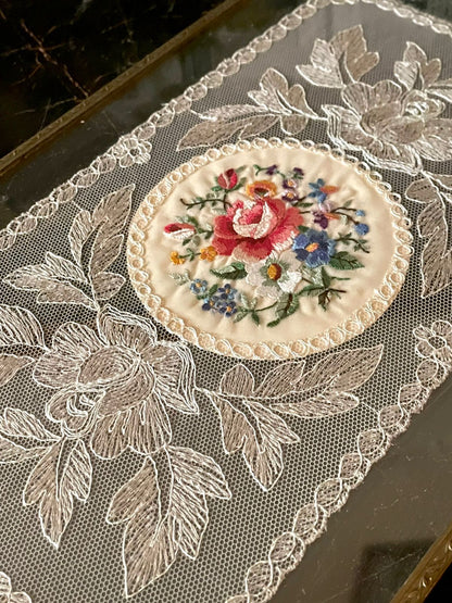 Vintage Glass Tray with Embroidered Lace & Floral Center – Brass Handles