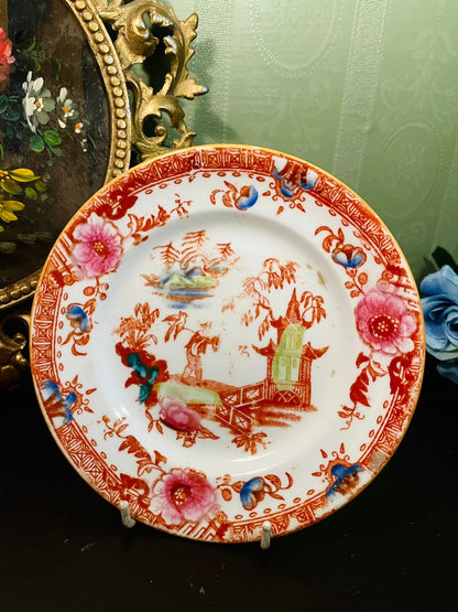 Antique Chinoiserie Floral Side Plate – Orange Pagoda Design