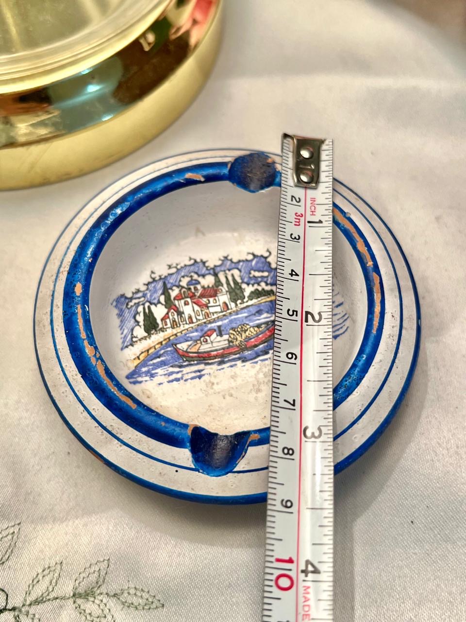 Vintage Blue & White Scenic Ceramic Ashtray 3.5 in