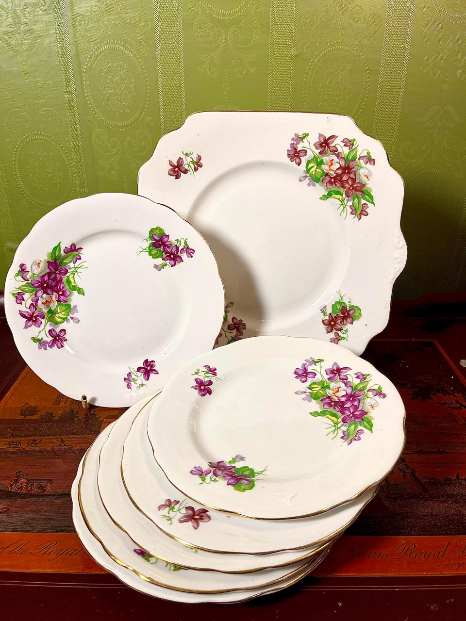 Fine Bone China Violet Floral Cake Set (Plater + Plates) | Made in England