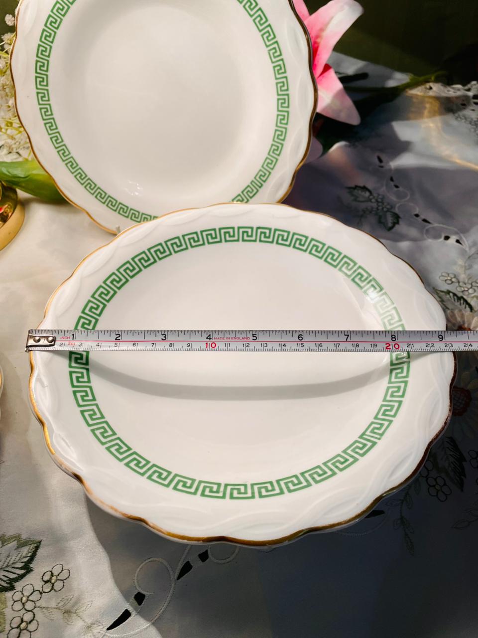 Green Greek Key Gold Rim Dinner Plates & Stand Platers