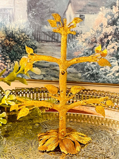Vintage Gold Tone Jewelry Tree Stand with Leaf Detail