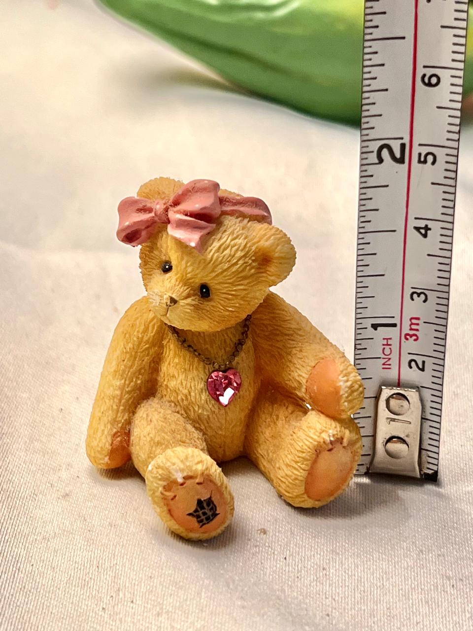 Vintage Miniature Teddy Bear Figurine Pink Bow 5 cm