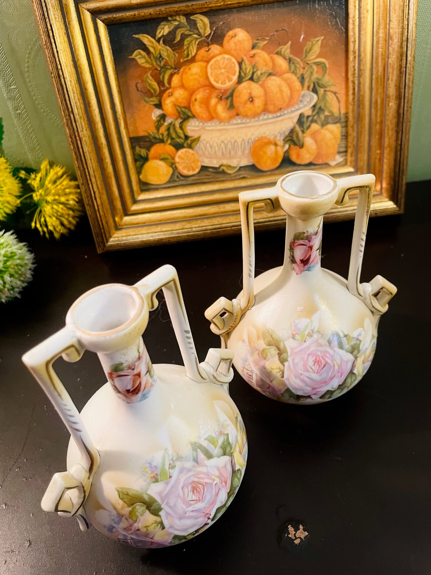 Antique Rose Porcelain Double-Handle Vases – Set of 2