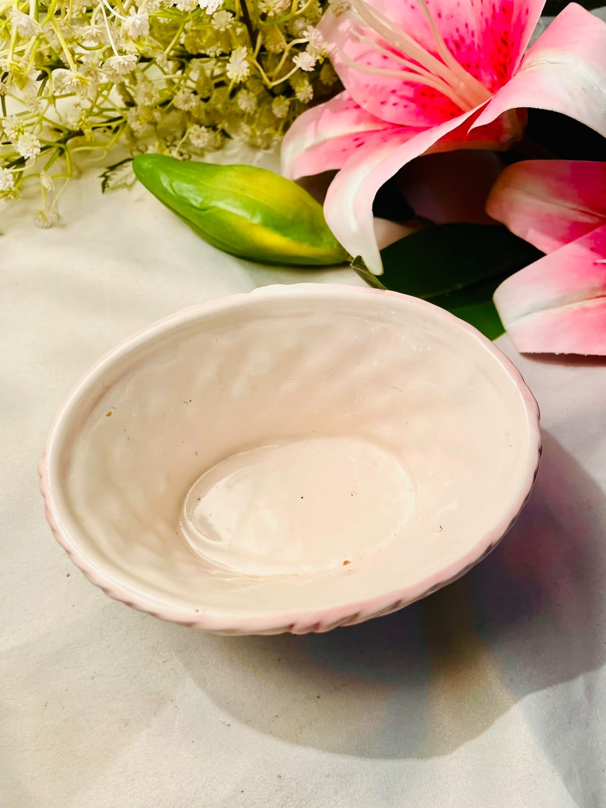 Vintage White & Pink Ceramic Wicker Basket Planter – 5 Inch