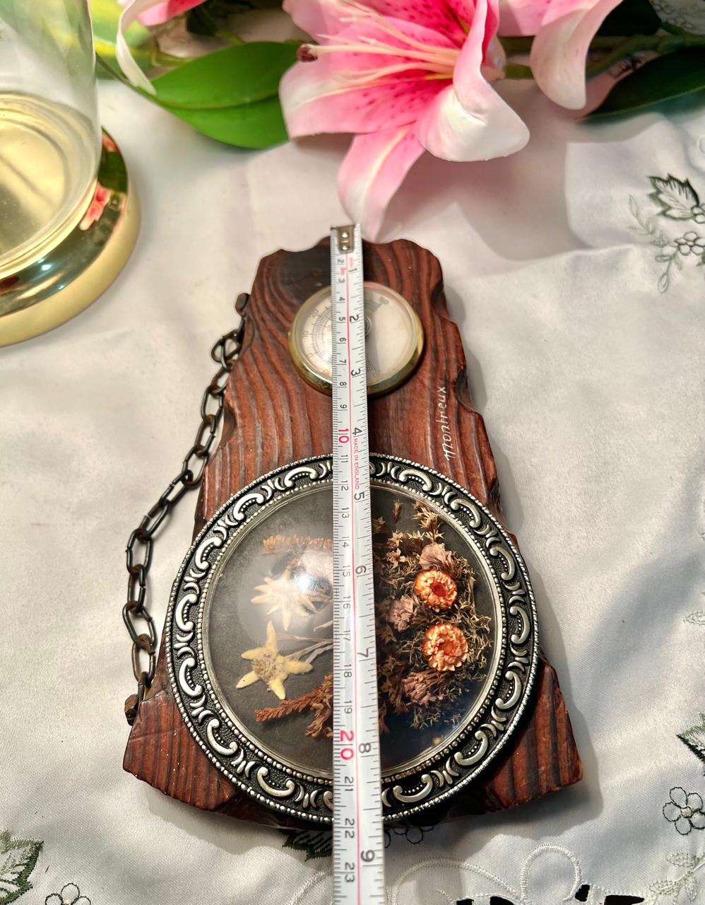 Vintage Wood Wall Plaque Dried Floral Display & Dial 22 cm