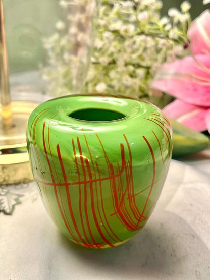 Vintage Green Crystal Bud Vase with Red Lines 9 cm