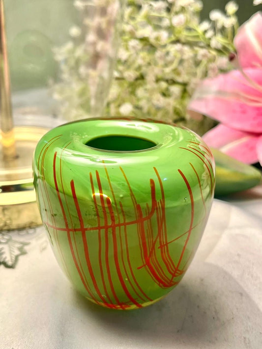 Vintage Green Crystal Bud Vase with Red Lines 9 cm