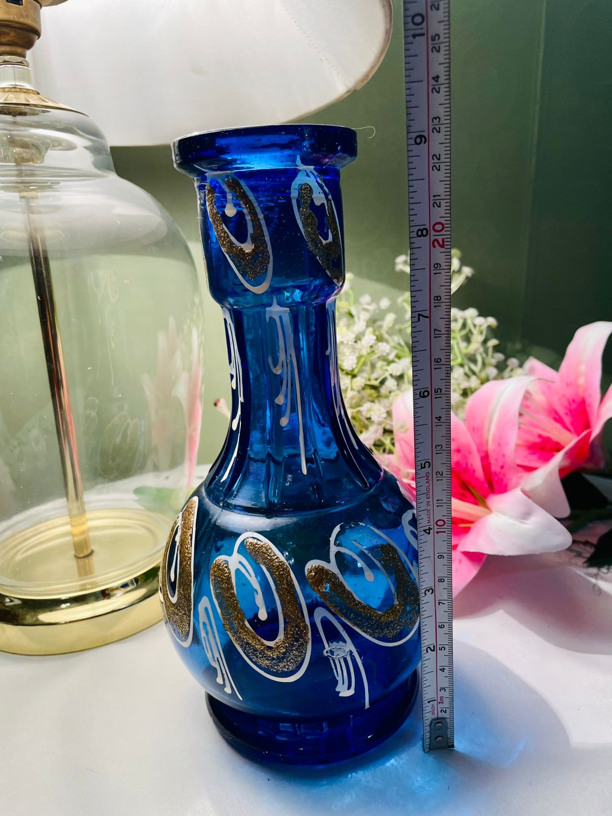 Vintage Cobalt Blue Crystal Vase Gold White Detail 23 cm