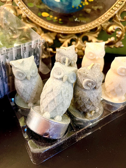 Set of 6 Owl Shaped Decorative Candles – Marble Effect Wax Tealight Candles