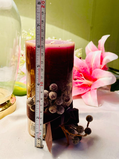 Burgundy Red Pillar Scented Candle with Decorative Berries 15cm