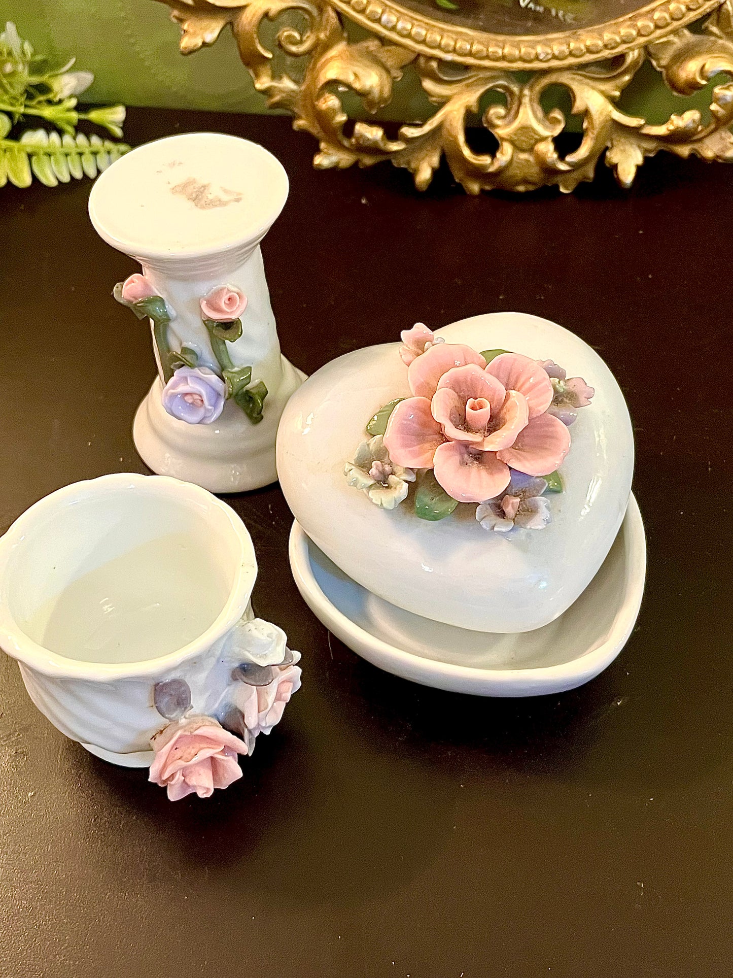 Vintage Porcelain Floral Vanity Set 3 Piece Trinket Box Candle Holder Bud Vase