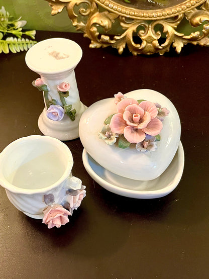 Vintage Porcelain Floral Vanity Set 3 Piece Trinket Box Candle Holder Bud Vase