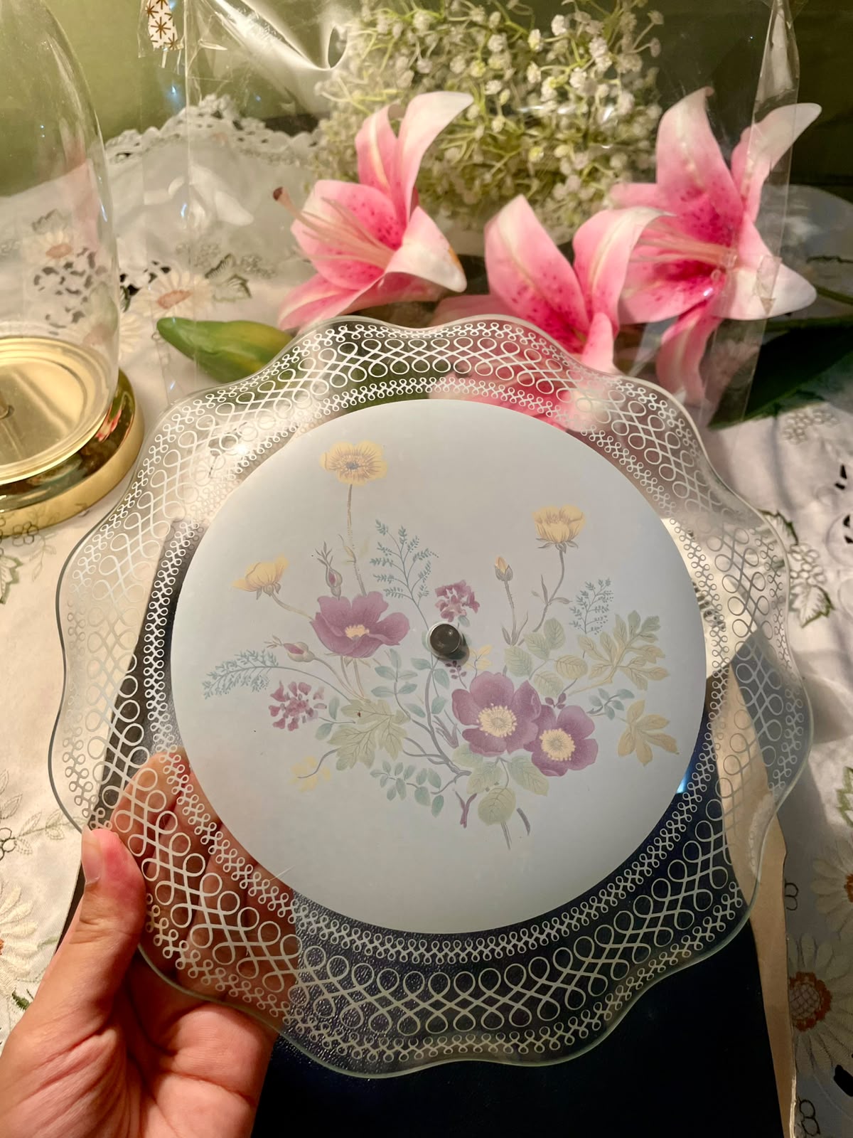 Vintage Floral Crystal Serving Tier Plater Silver-Tone Handle 24 cm