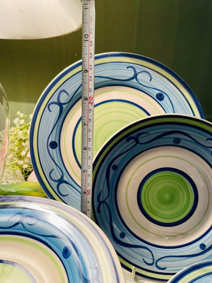 Hand-Painted Blue & Green Ceramic Plates Set, 12 Pieces