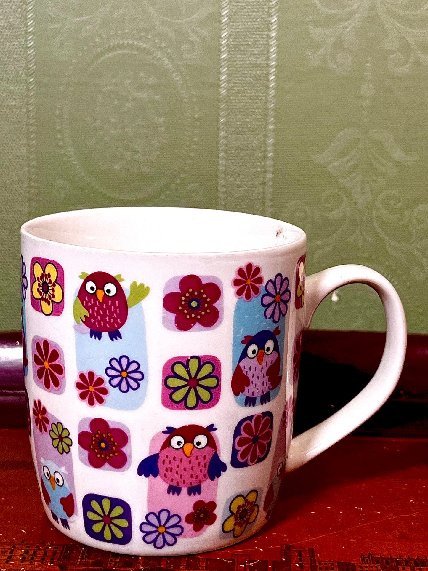 Tesco Fine China Owl & Floral Mug – Colourful Retro Bird Design 10cm