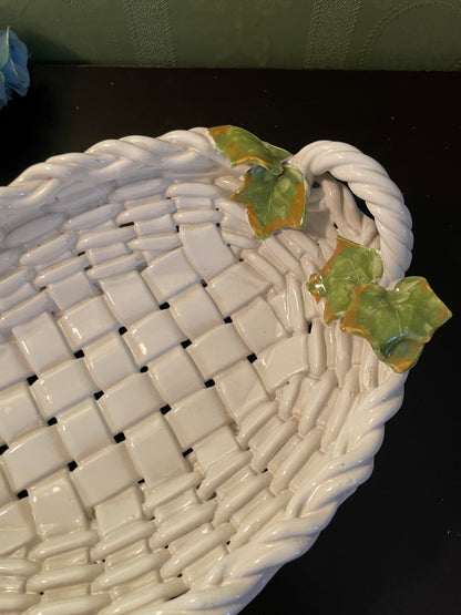 Large White Ceramic Basket Weave Serving Tray With Ivy Leaves