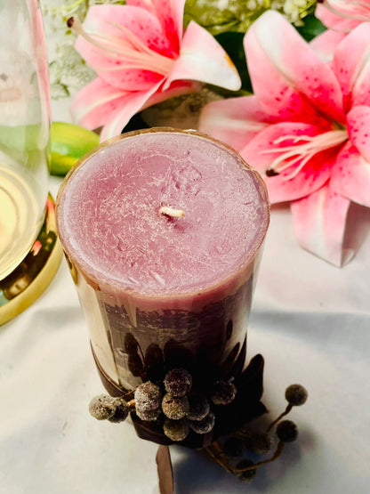Burgundy Red Pillar Scented Candle with Decorative Berries 15cm