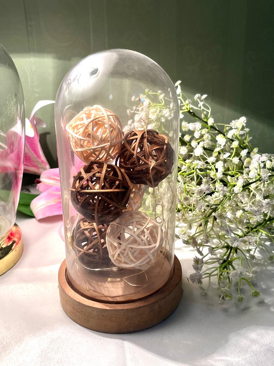 Light-Up Decorative Cloche with Fairy Lights Rattan Balls – 20 cm