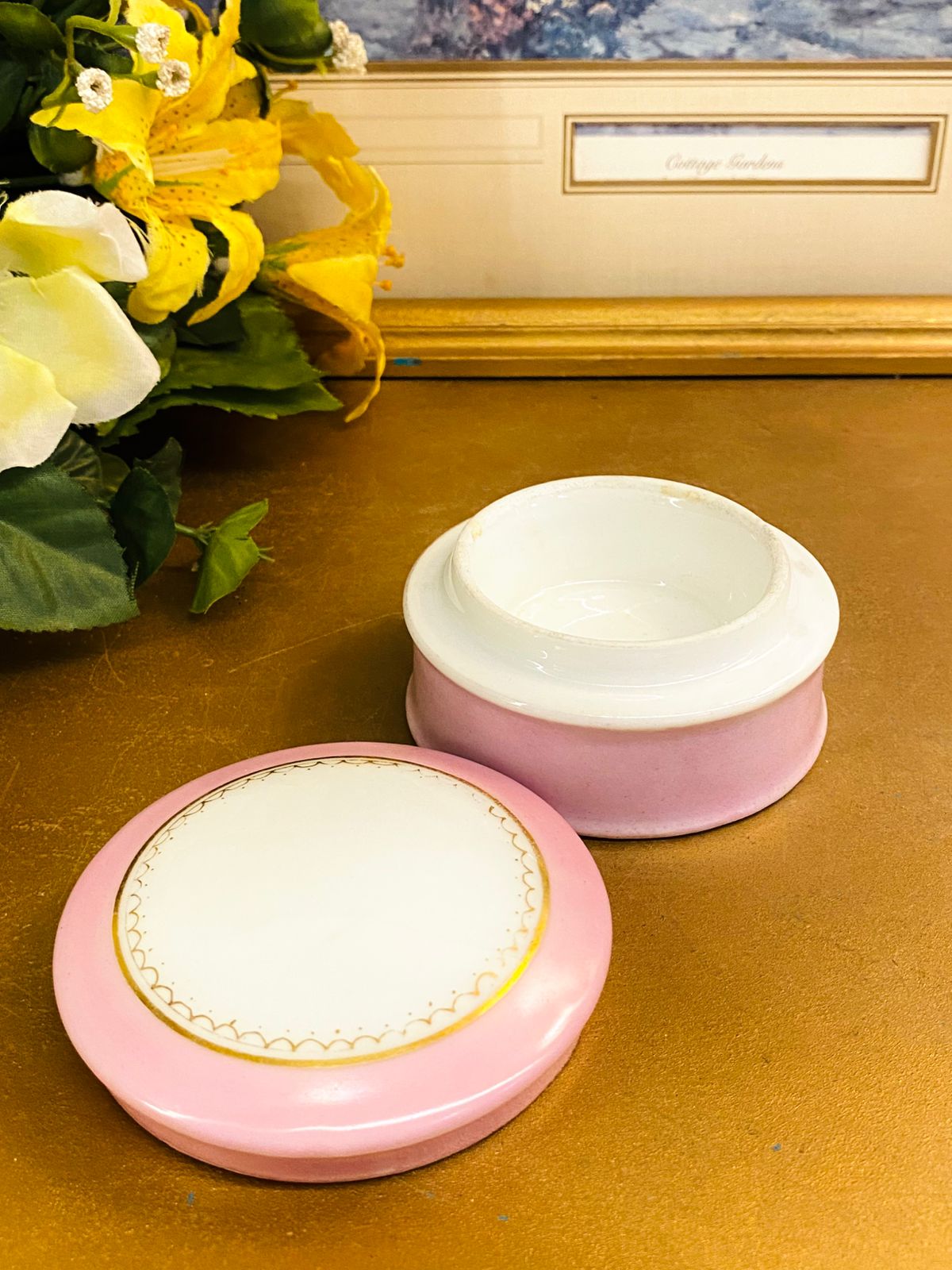 Vintage Pink Ceramic Trinket Box with Gold Trim