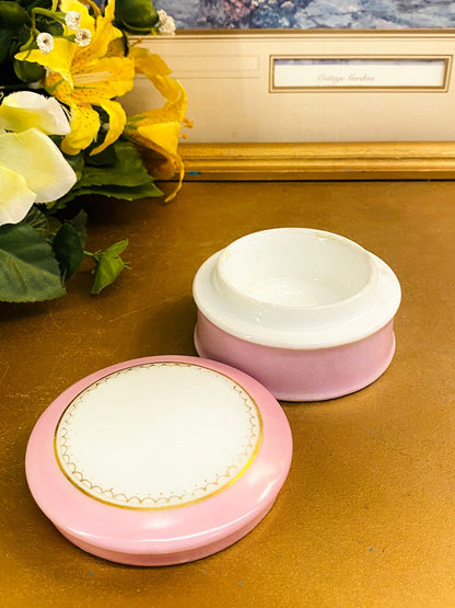 Vintage Pink Ceramic Trinket Box with Gold Trim