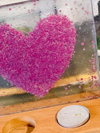 Handcrafted Glass Heart Light Block – Pink Fused Art on Wooden Base