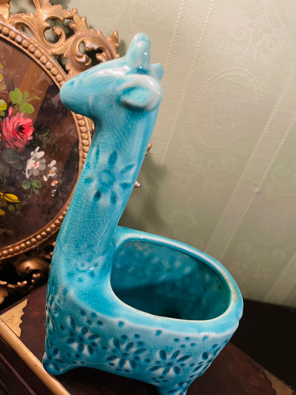 Blue Ceramic Giraffe Planter 8 Inch Animal Decor