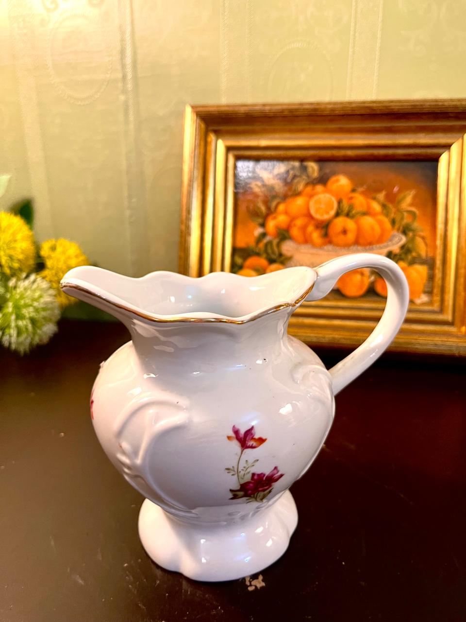 Vintage Floral Porcelain Water Pitcher with Gold Rim – 5 Inch
