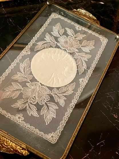 Vintage Glass Tray with Embroidered Lace & Floral Center – Brass Handles