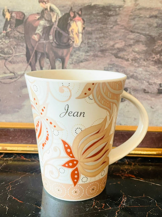 h&h mug, history and heraldry mug, bone china mug, floral design mug, peach pattern cup, british collectible mug, personalized mug england, jean bone china mug, new bone china cup, elegant tea mug, feminine mug design, floral swirl mug, modern english crockery, sunset kitchen mug collection, delicate bone china pakistan