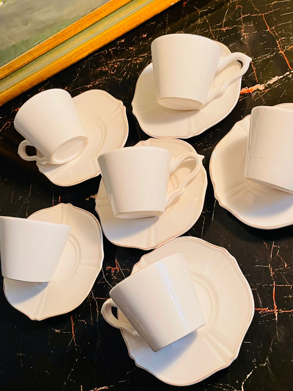 White Scalloped Coffee Cups & Saucers Set – English Tea Set – 6 Pieces