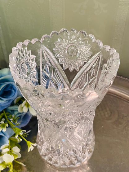 Vintage Cut Crystal Vase 16 cm Starburst Scalloped Rim