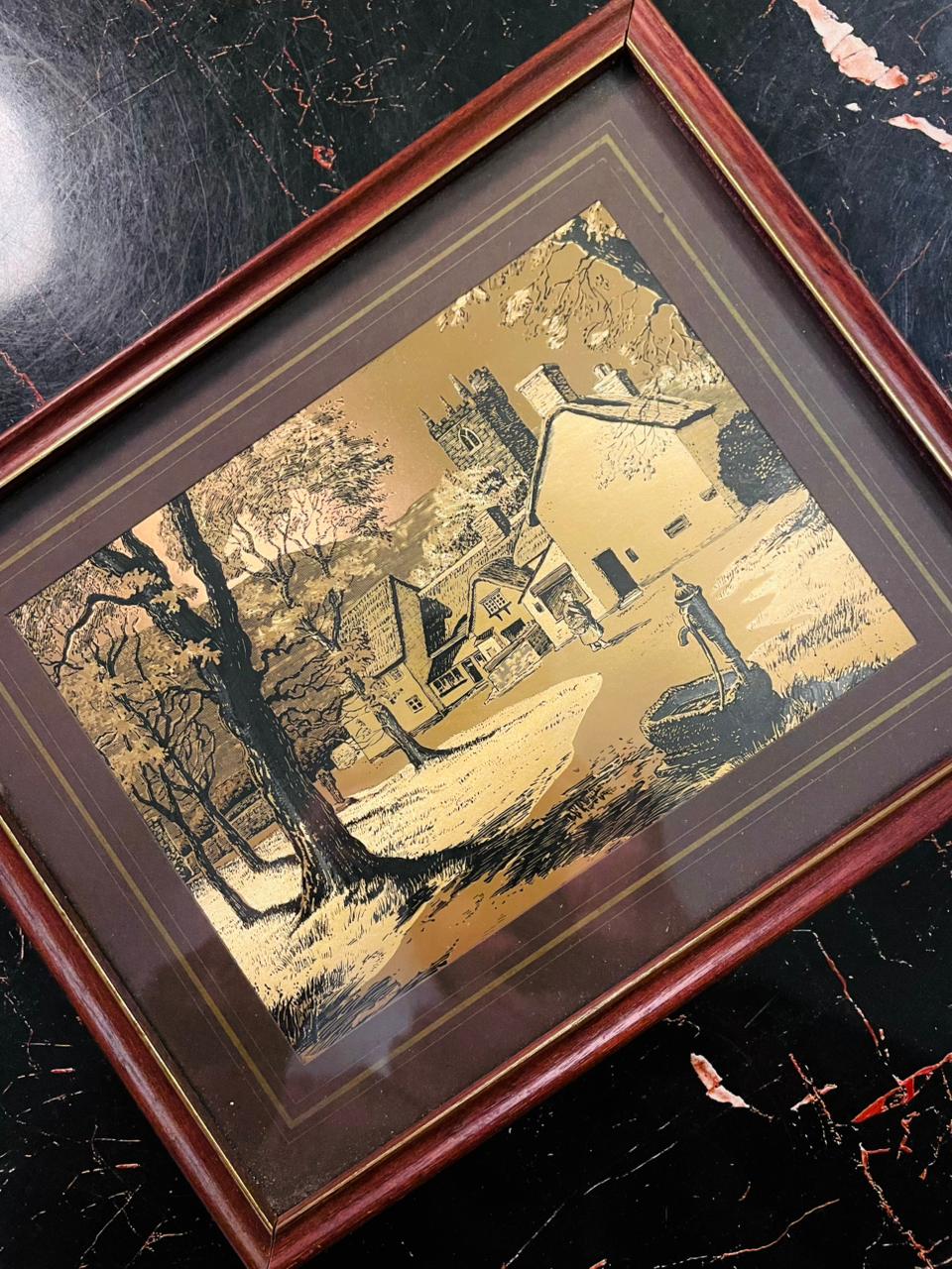 Set of 2 Vintage Framed Village Scene 3D illustration Art