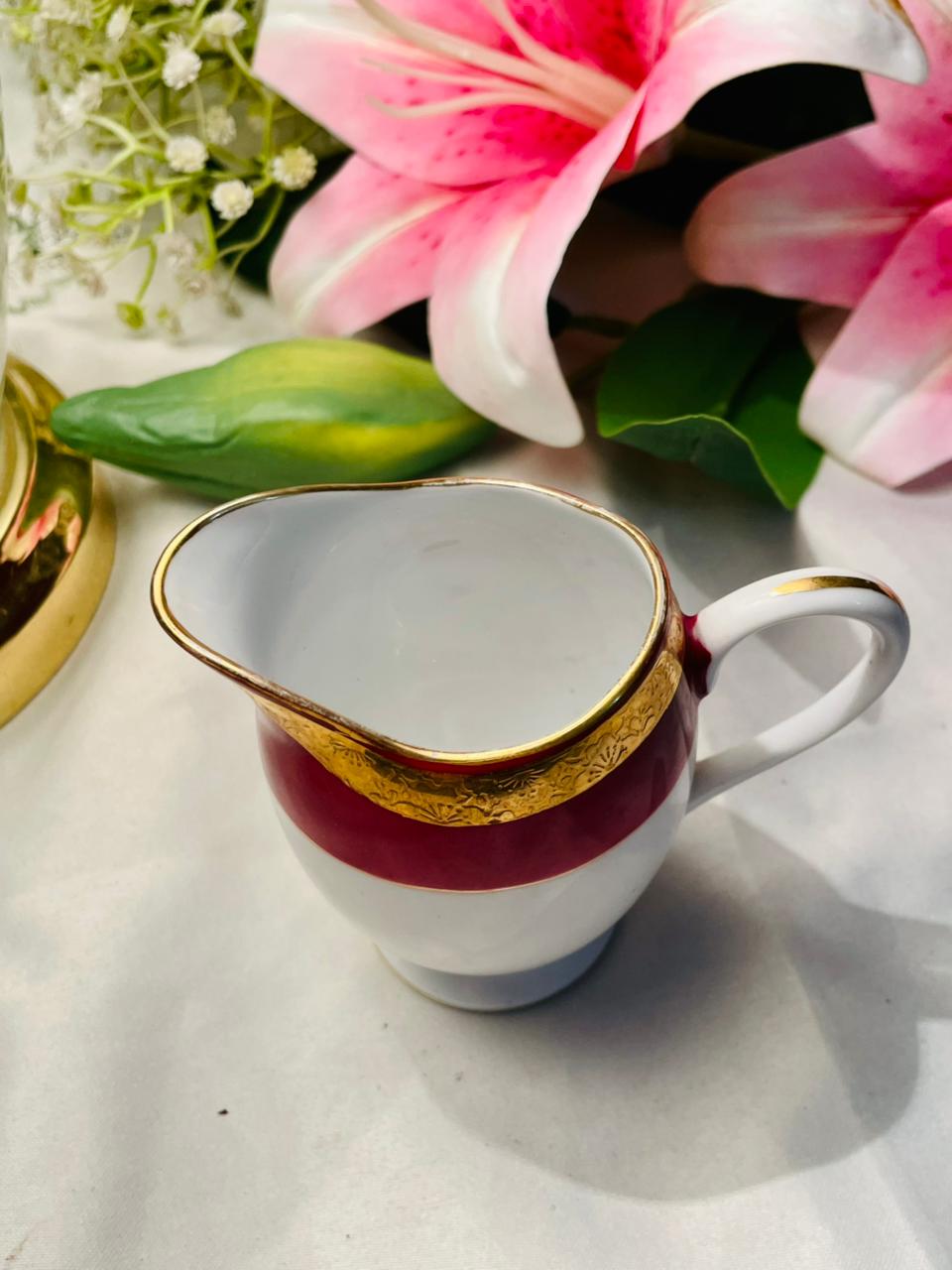 White & Burgundy Gold Trim Creamer Jug 4 in