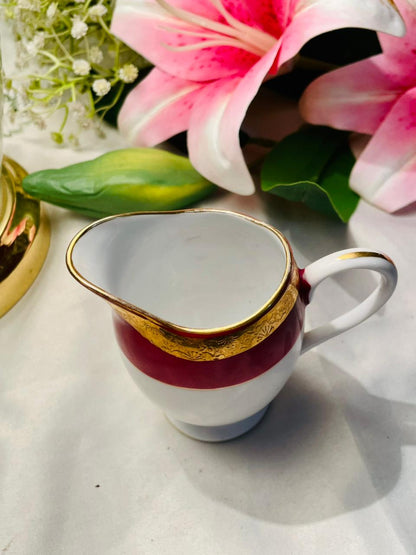 White & Burgundy Gold Trim Creamer Jug 4 in