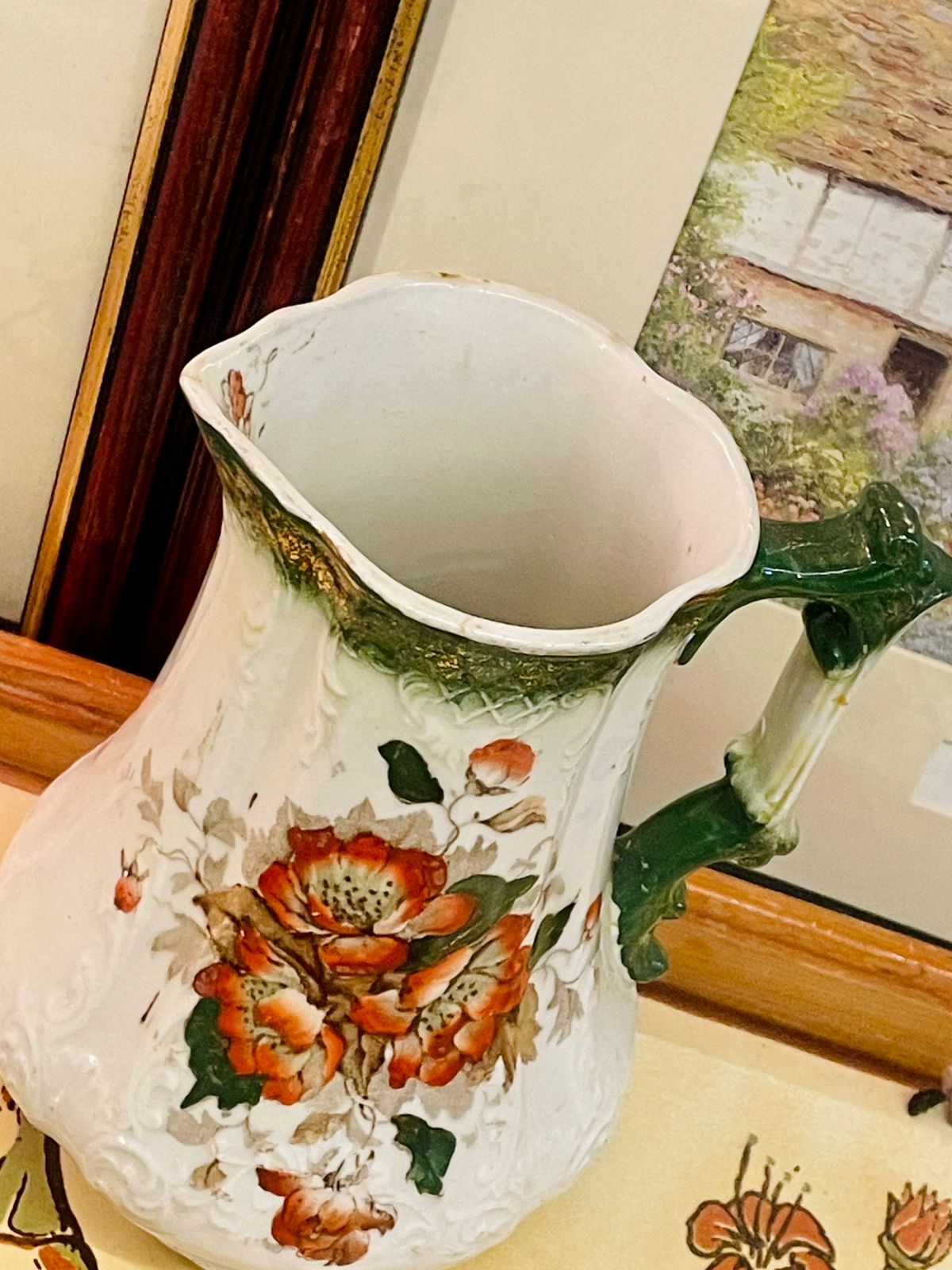 Vintage Porcelaine Royale Floral Pitcher – Embossed White & Green Jug