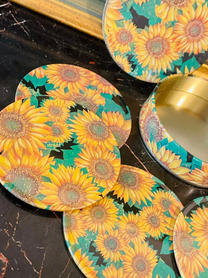 Vintage Sunflower Tin Coaster Set (6 Pieces with Matching Storage Tin)