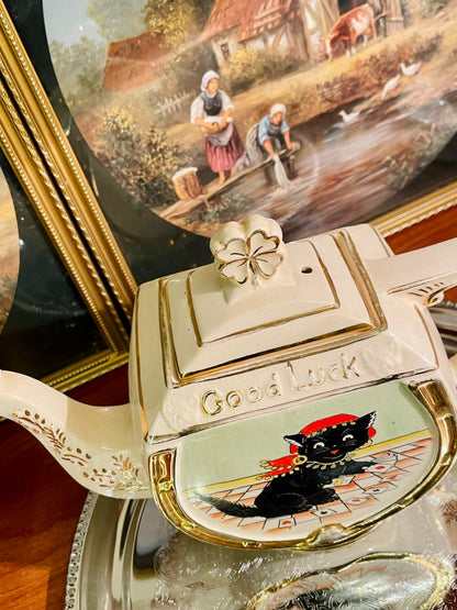 Vintage Good Luck Black Cat Teapot – Fortune & Playing Cards Design