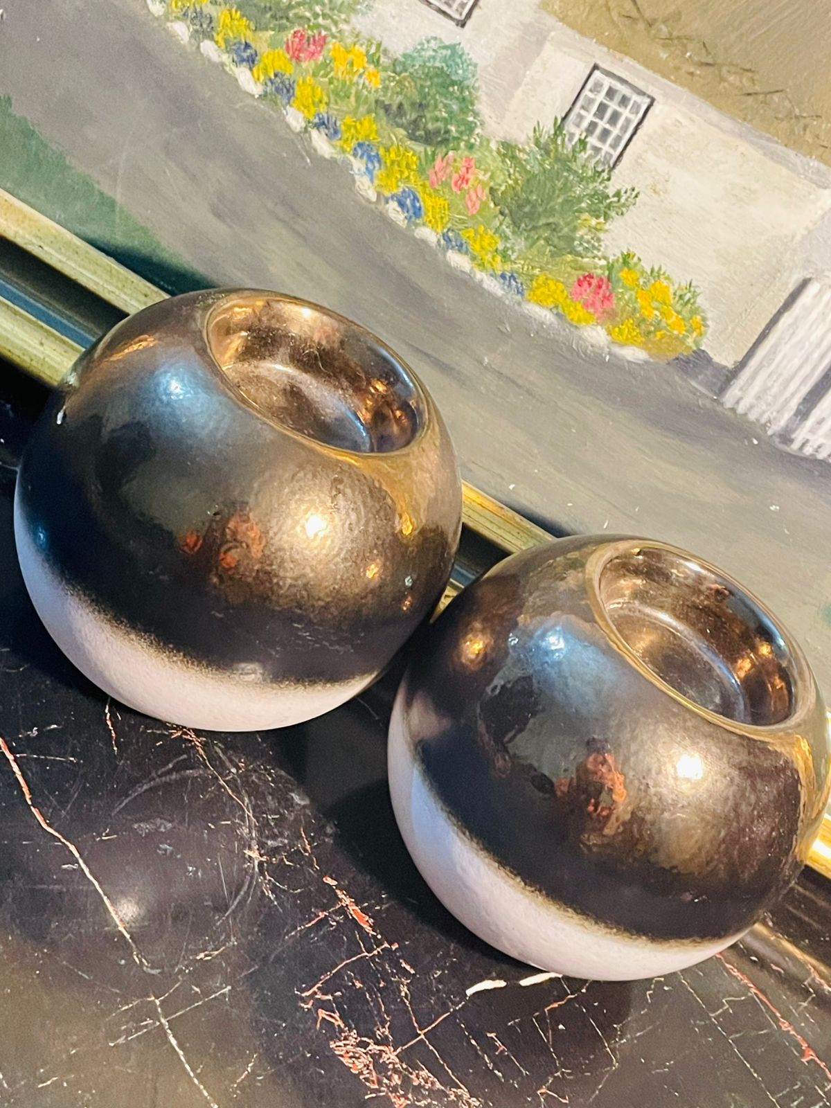 Pair of Modern Black & White Round Ceramic Candle Holders — Minimalist Design