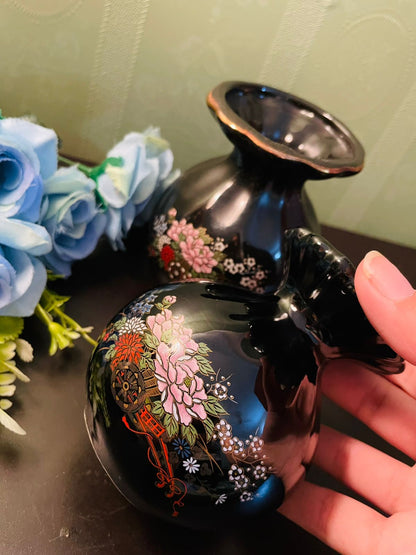 Vintage Black Floral Vase Pair